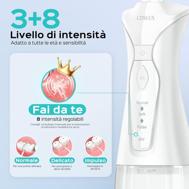 Detalle de COSLUS C30 idropulsore dentale portatile senza fili da 300 ml, 4 modalità e 11 intensità (IPX7) – bianco