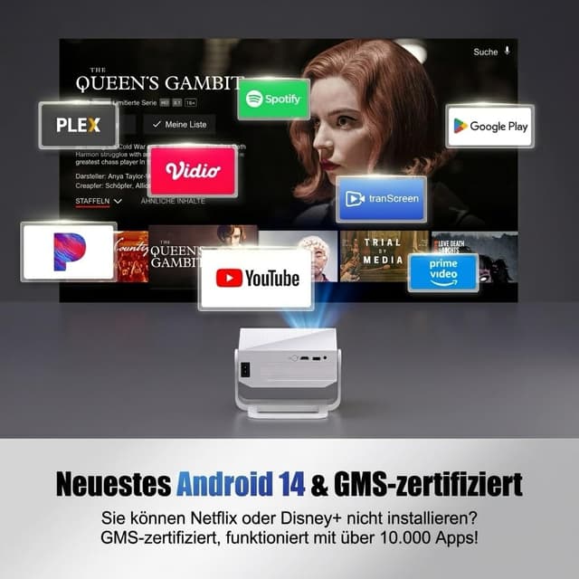 Detalle 2 de Smart Mini Beamer Android 14 mit WiFi 6, Bluetooth 5.2 und Auto-Trapezkorrektur – Smart Mini Beamer für Full-HD-Heimkino