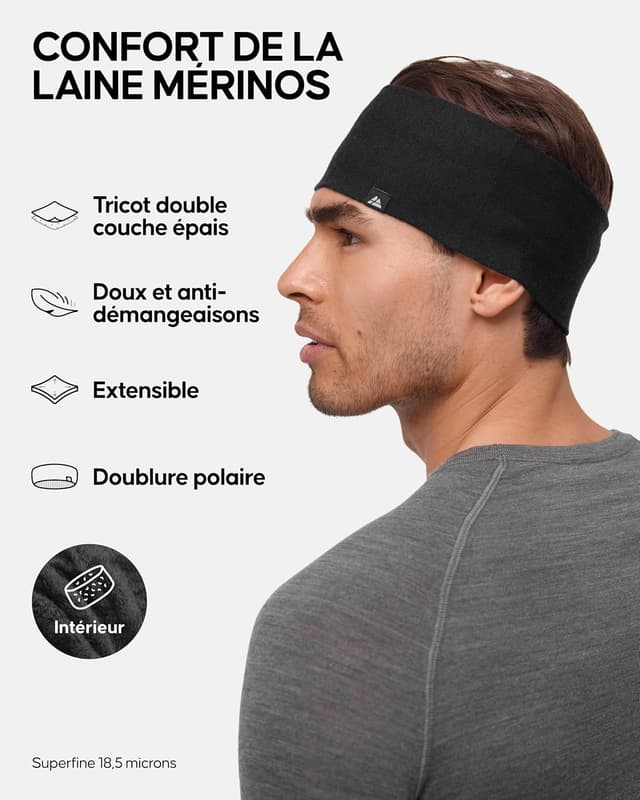 Detalle de Danish Endurance bandeau laine mérinos avec doublure polaire thermique noir (L/XL) unisexe