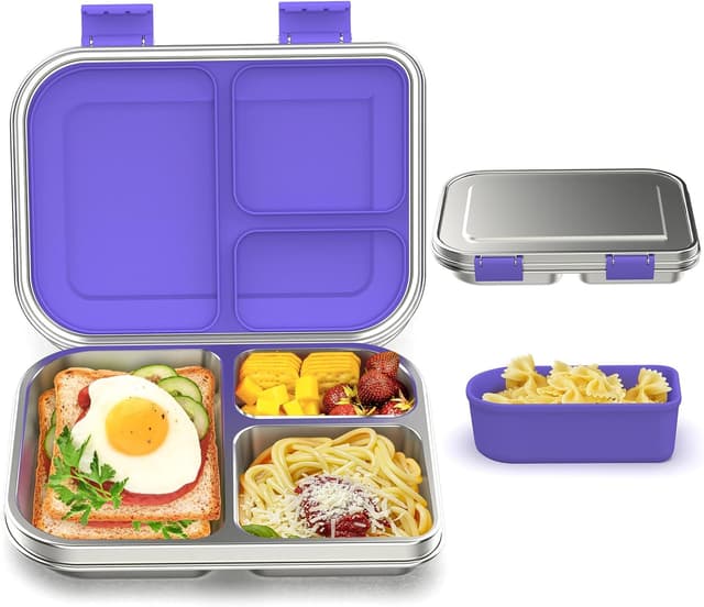 Detalle de BABHAMNESS Stainless Steel Kids Bento Box (3 Compartments) — Leak Proof Lunch Container, BPA-Free, Dishwasher Safe, Purple