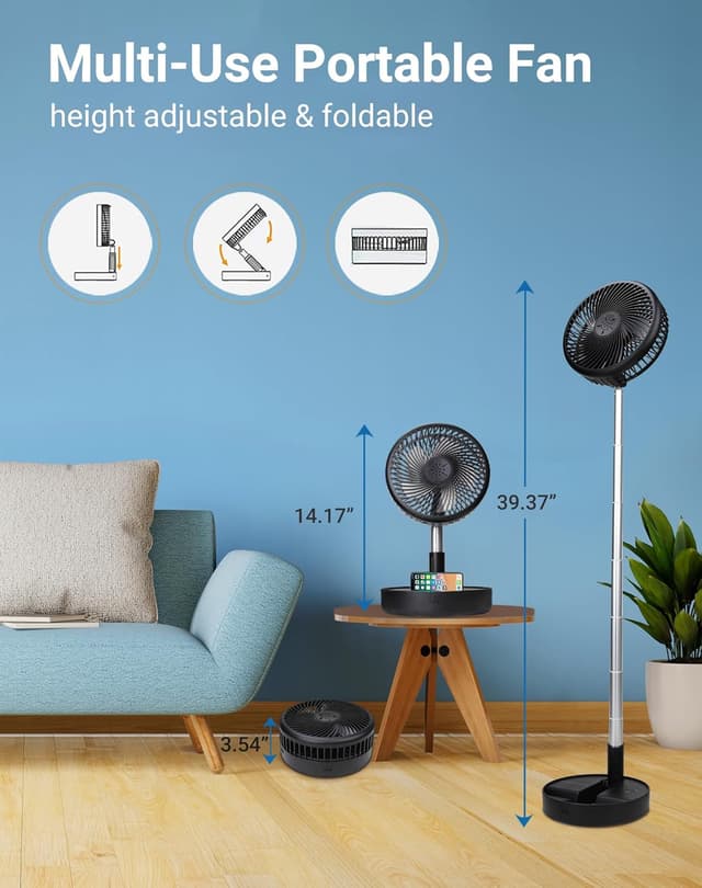 Detalle de Primevolve Battery Operated Portable Fan (USB Rechargeable) with Adjustable Height, 4 Speeds