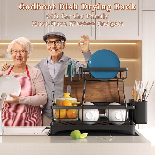 Thumbnail 6 de Godboat 2-Tier Dish Drying Rack with Auto-Drain Tray and Mat (Kitchen Counter Dish Drainer)