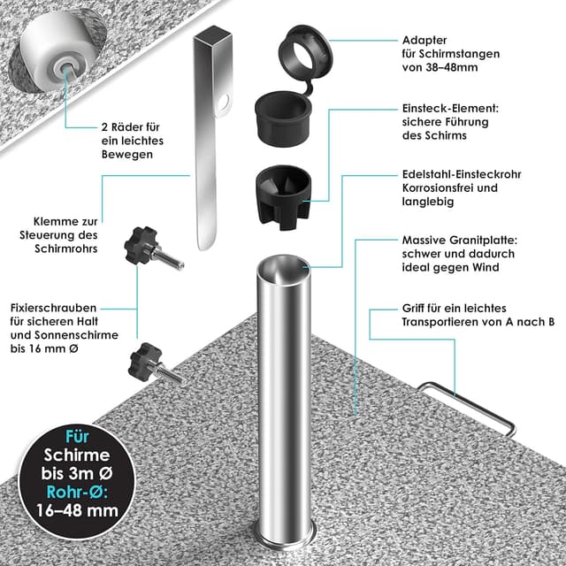 Detalle de KESSER Granit-Sonnenschirmständer mit Edelstahlrohr – quadratischer Sockel (30 kg) für Schirmstöcke 16–48 mm, inkl. Transportgriff, grau