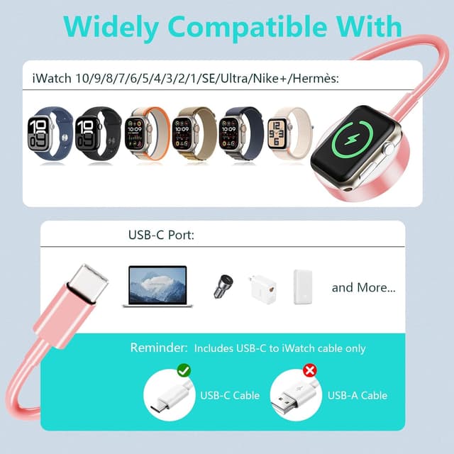 Detalle 2 de Upgraded 2-Pack USB-C Magnetic Apple Watch Charger Cables (MFi Certified) – Pink, 100cm