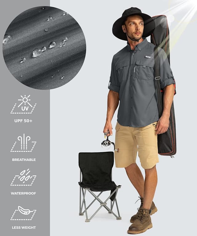 Detalle de Men’s UPF 50+ Sun Protection Fishing Shirt with Roll-Up Sleeves, Vented Back & Zipper Pockets