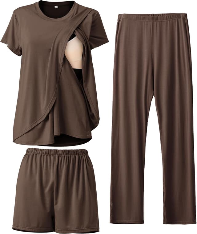 Detalle de SUNNYBUY 3-teiliges Stillpyjama-Set (Stilloberteil, Stillshorts, lange Stillhose) für die Zeit nach der Geburt