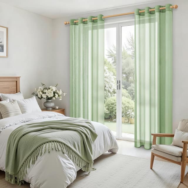 Detalle 2 de MRTREES Green Eyelet Voile Curtains (2 Panels) – 55x48 Inch, 48 Inch Drop