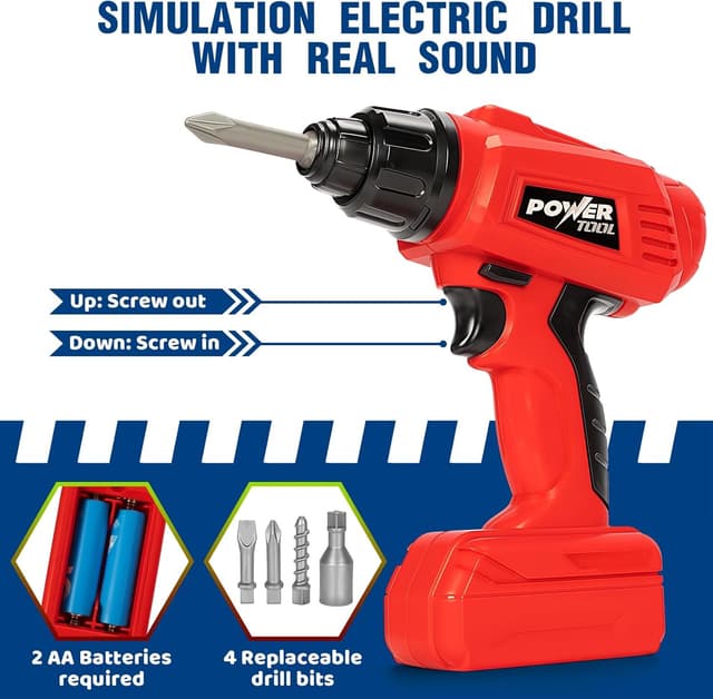 Detalle de Kids Tool Bench Set with Electric Drill and Realistic Tools (132pcs) — 2-in-1 Workbench & Toolbox for Ages 3–5