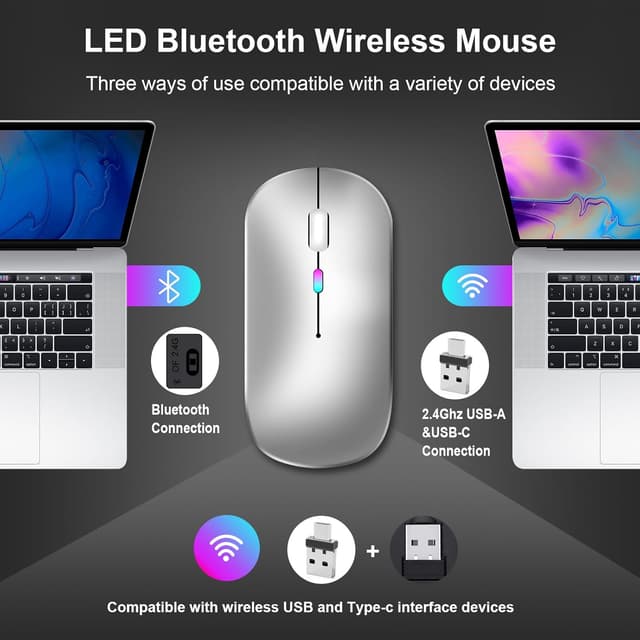 Detalle de Kabellose Bluetooth-Maus für Laptop mit 2.4GHz Dual-Empfänger, wiederaufladbar (Bluetooth 5.2 + USB A + USB C) – 1600 DPI, silber