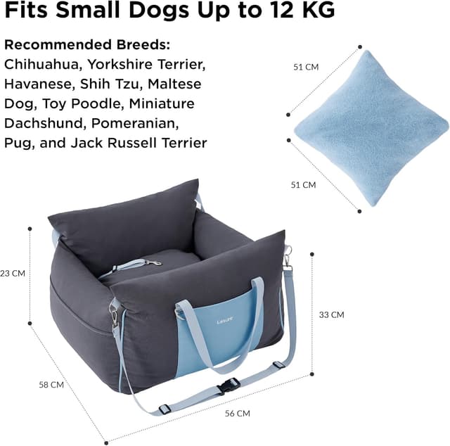 Detalle de Lesure Dog Car Seat for Medium Dog (Waterproof Booster) with Storage Pockets, Clip-On Leash & Memory Foam Filling – Tornado, 58x56x33cm