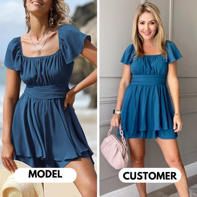 Detalle de EXLURA Women’s 2026 Summer Ruffle Tie-Back Romper Dress (Square Neck, A-Line)