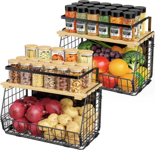 Detalle de GGIU Magnetic Shelf for Fridge with Wood Lid (2-Pack) – Fruit, Potato & Onion Storage Bin