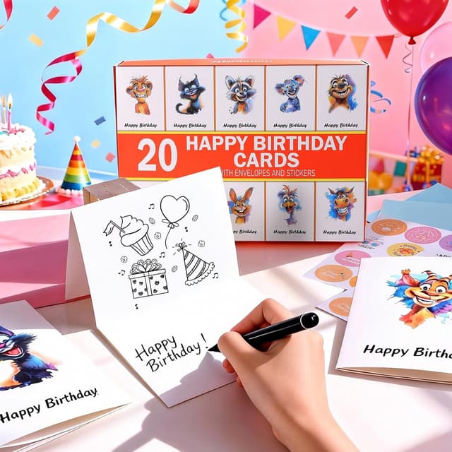 Detalle 2 de 20 Pack Animal Birthday Cards with Envelopes (12 x 17 cm) & Stickers – Multipack for Bulk Birthday Greetings