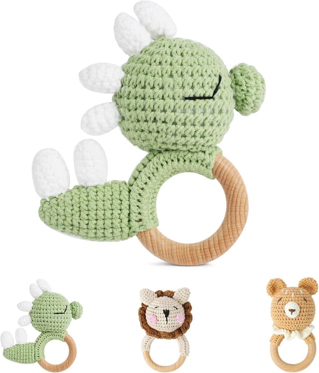 Detalle de Vicloon Wooden Baby Rattle (Dinosaur) – Beech wood ring & crochet sensory toy for 0–12 months