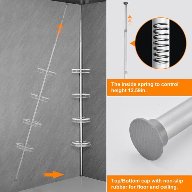 Detalle 2 de Wopeite étagère de douche télescopique réglable 73–265 cm, sans perçage, en acier inoxydable (4 paniers) – gris