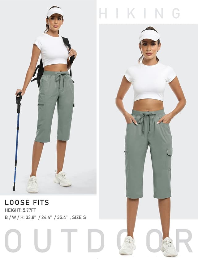 Detalle de MoFiz Women’s Capri Pants — Lightweight “Ice Cool” Cargo Capris with UPF 50+ & Zipper Pockets