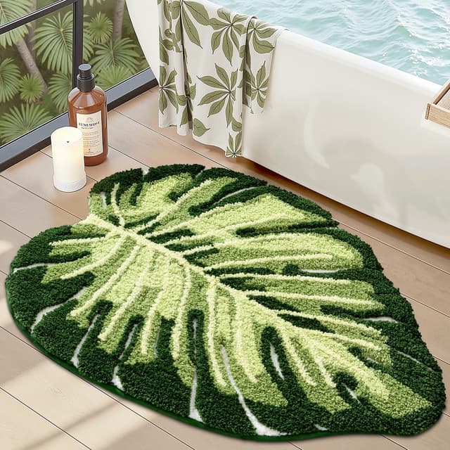 Detalle de LUMI Monstera Green Leaf Bathroom Rug (23.5"x31.5")—Soft, Plush, Non-Slip, Machine Washable