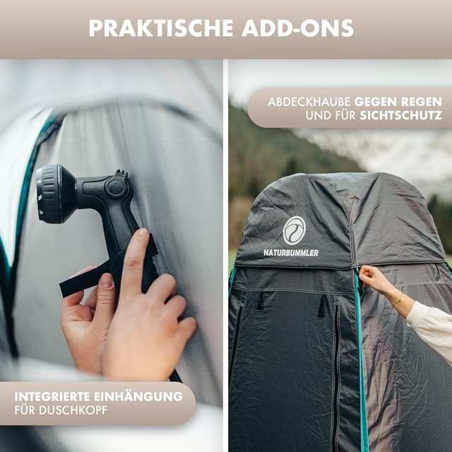 Detalle 2 de NATURBUMMLER Duschzelt Pop-Up „Privacy Protec+“ (wasserdicht & blickdicht) mit 5 Taschen – mobiles Toilettenzelt/Umkleidezelt