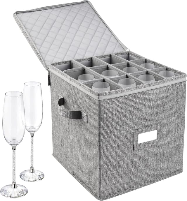 Detalle de LotFancy Champagne Flute Storage Container (Hard Shell, Stackable) with Dividers & Handles, Grey