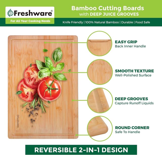Detalle de Freshware Bamboo Wood Cutting Board Set of 3 with Juice Grooves (9x6", 12x8", 15x10")