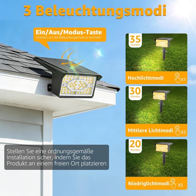 Detalle de Ollny 4er-Set 60-LED Solarstrahler für außen (3000K, IP65, 3 Modi) – Dusk to Dawn