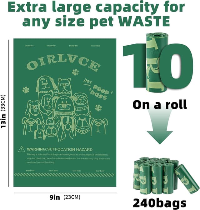 Detalle de OIRLVCE 240 sacs à crottes de chien, 24 rouleaux, vert – sans noyau, extra épais et anti-fuite