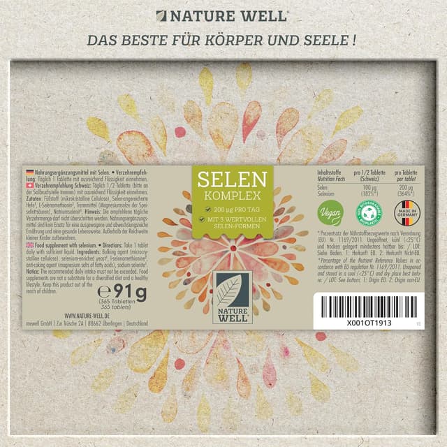 Detalle 2 de NatureWell Selen hochdosiert 365x – Selen 200 µg Tabletten (Komplex aus Selenhefe, L-Selenmethionin & Natriumselenit), 100% vegan