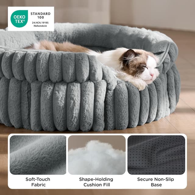Detalle 2 de Bedsure Cat Bed Washable Kitten Bed, 58x58cm Grey Round Semi-Enclosed Corduroy Fleece