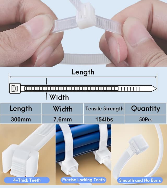 Detalle 2 de Menylon Clear Cable Ties 300mm x 7.6mm (50-pack) heavy-duty long white zip ties