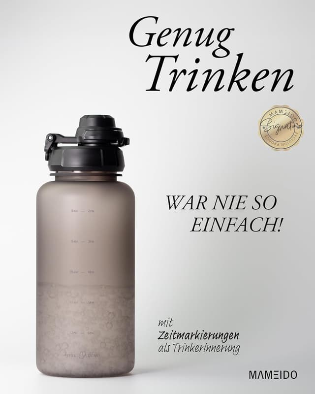 Detalle 2 de MAMEIDO Trinkflasche mit Strohhalm, Zeitmarkierung und 1 l Inhalt – auslaufsicheres Tritan-Modell in Urban Taupe
