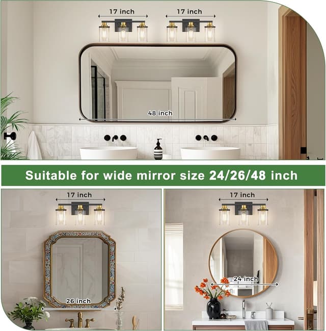 Detalle de DORESshop 3-Light Black and Gold Bathroom Light Fixture (Clear Glass Shades) — ETL Listed, E26