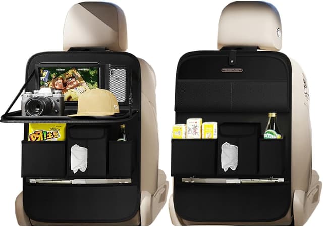 Detalle de XDV Car Seat Organizers (Plain Black, 2 Pcs) with PU Leather Look, Foldable Tray Table, and Storage Pouches