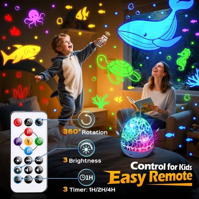 Detalle de PIKOY Excavator Toys for Boys 3-5: Dino Egg Night Light Projector with 15 Sounds, 6 Films, and Remote