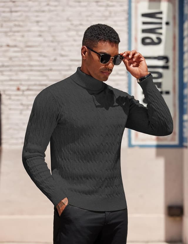 Detalle 2 de COOFANDY men’s turtleneck cable knit jumper – slim fit roll neck for winter layering