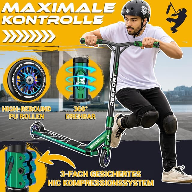 Detalle de RE:SPORT REVO PRO Stunt-Scooter mit Ständer, 110-mm PU Wheels & Y-Bar (ABEC 9, HIC-Kompression)
