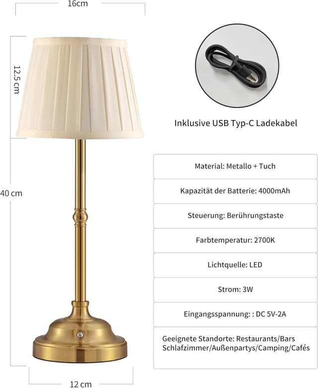 Detalle de VISDANFO kabellose LED-Tischlampe im 2er-Set (dimmbar, Akku 4.000 mAh) in Vintage-Optik – Gold + Beige