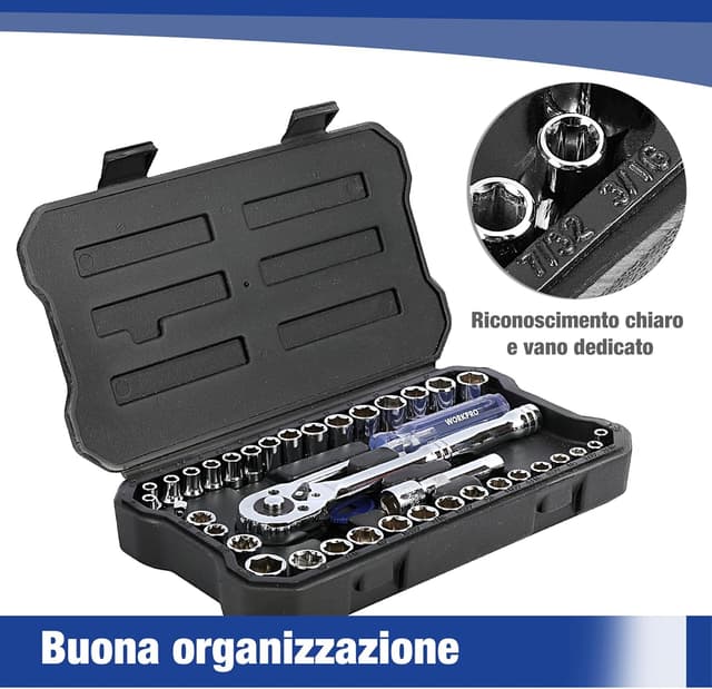 Detalle de WORKPRO Cofanetto prese Cr-V 1/4" e 3/8" con cricchetto a sgancio rapido (39 pezzi)
