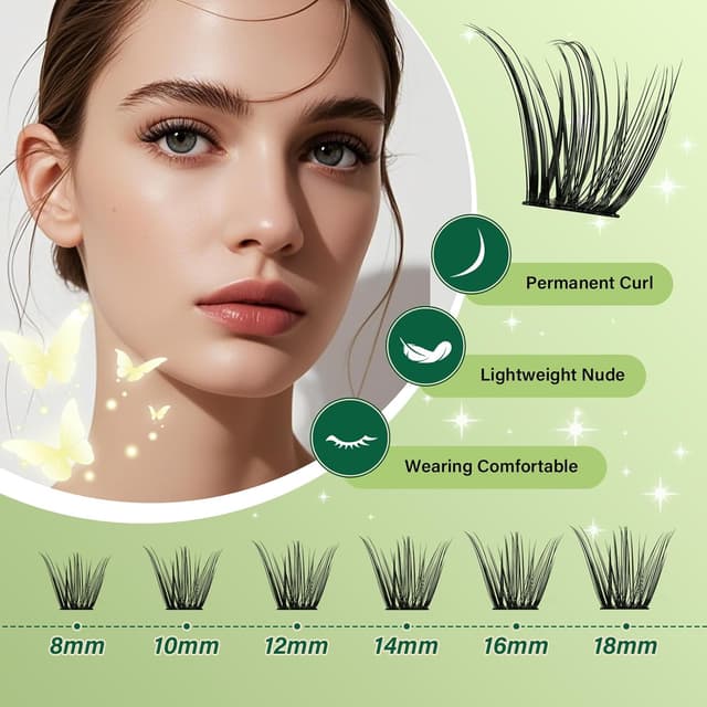 Detalle de KEYYOU Natural Lash Clusters Kit (144 pcs) DIY Lash Extension Set with Bond, Seal, and Tools (D Curl, 8–18 MIX)