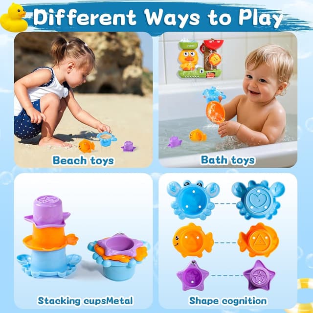 Detalle 1 de Bath Toys for 1 Year Old Toddler: duck waterflow toy with 3 stackable animal cups and suction cups