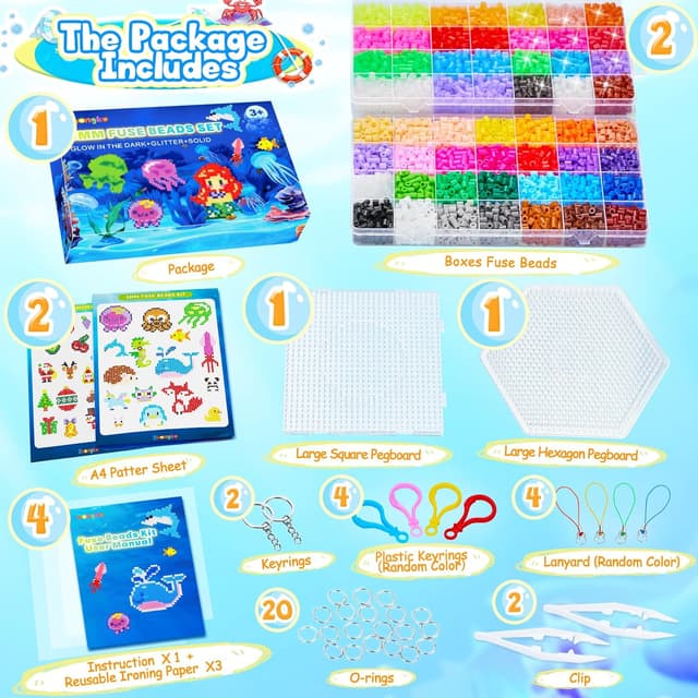 Detalle 2 de Zhongko Bügelperlen-Set mit 48 Farben (5 mm), Leuchteffekt im Dunkeln & Glitzer, 67 Muster