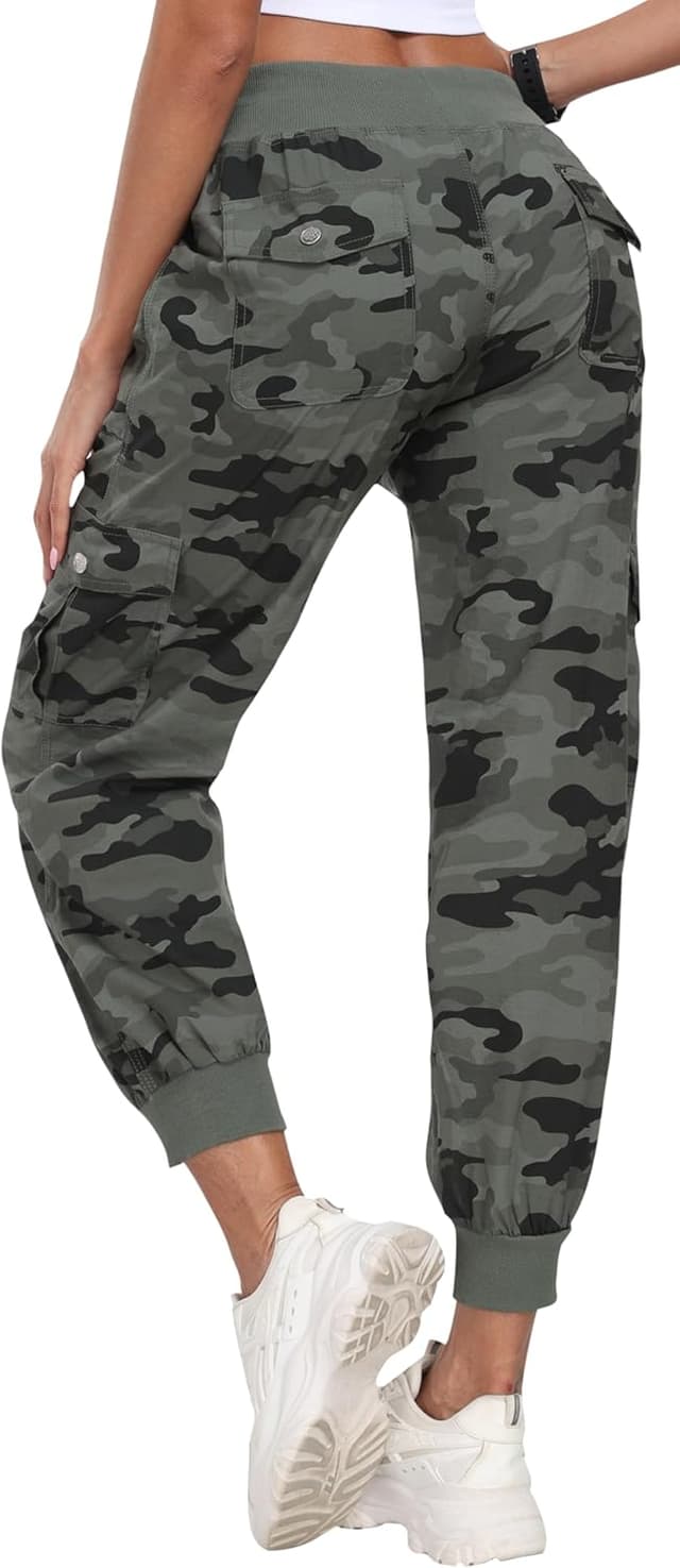 Detalle de JINSHI Damen-Cargohose „Lange Capri“ High Waist mit Kordelzug – atmungsaktiv, leicht und mit Cargo-Taschen