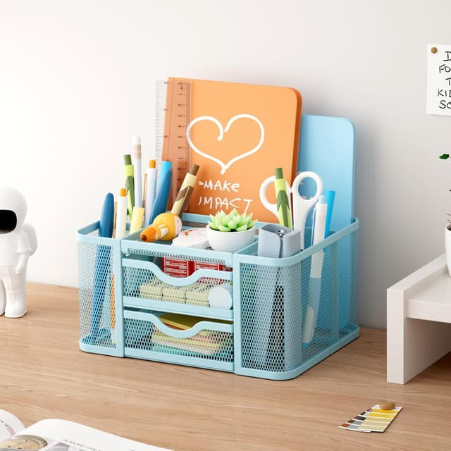 Detalle de Marbrasse Organizer Scrivania in rete con portapenne e 3 scomparti (blu)