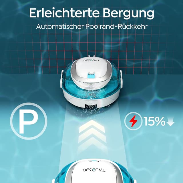 Detalle 2 de TALOSBO (2026 Upgrade) S2 Poolroboter – kabelloser Akku-Reiniger mit Doppelfiltration, bis 80 m²