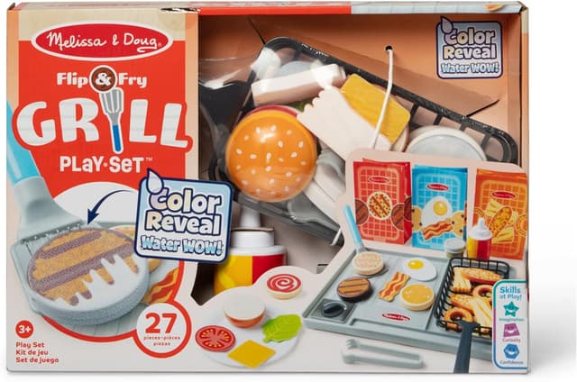 Detalle de Melissa & Doug Water Wow – Grill et Friteuse 27 pièces, jeu de cuisine en bois à aliments changeant de couleur