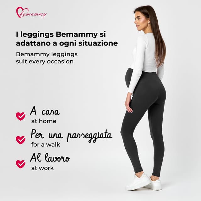 Detalle de Be Mammy Leggings premaman lunghi a vita alta BE20-230 in cotone con elastan
