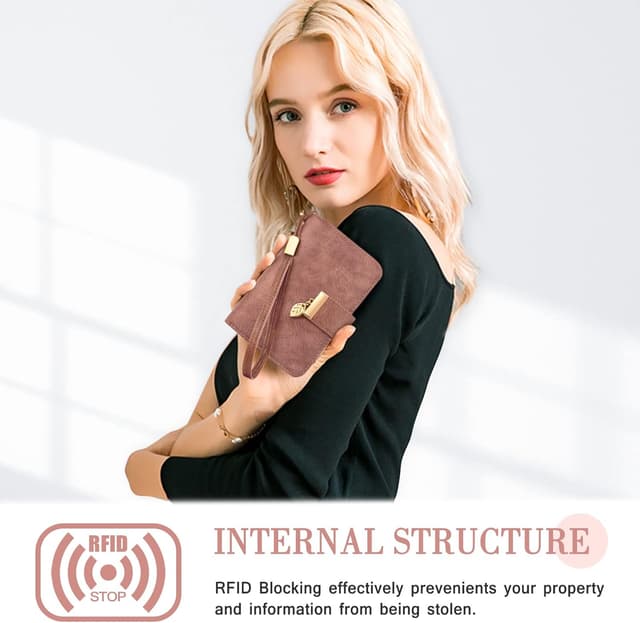 Detalle de Faneam Damen-Geldbörse aus Leder mit RFID-Schutz, klein, mit 14 Kartenfächern und Reißverschluss-Münzfach