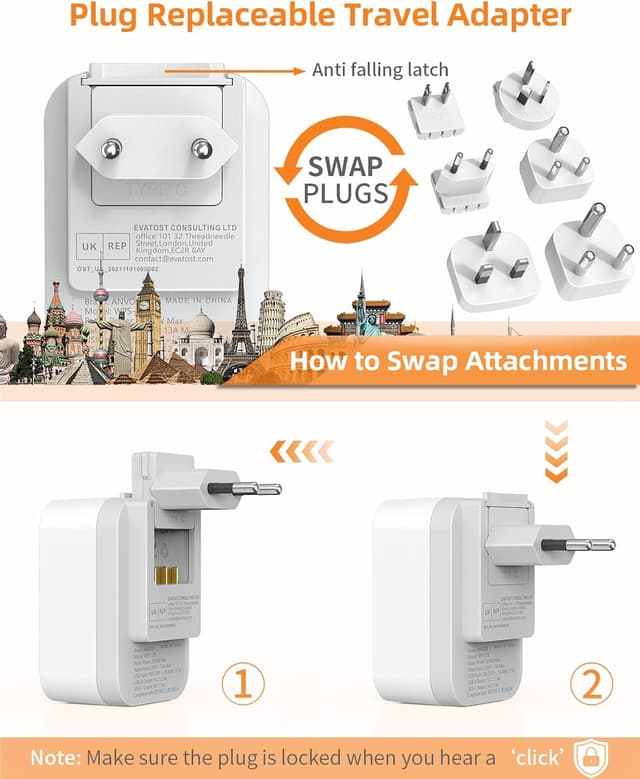 Detalle de UK to Worldwide Travel Adapter Set with 6 removable plugs and 4 USB ports (2 USB-C)