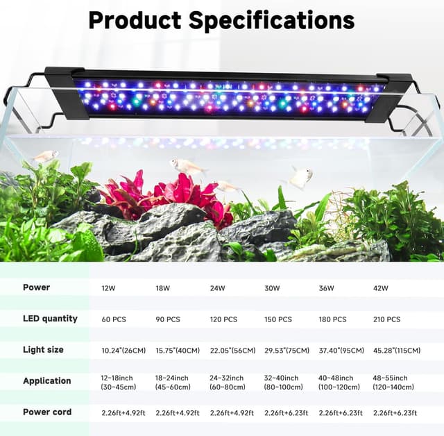 Thumbnail 6 de AQQA LED Aquarium Light 42W Full Spectrum (24/7 Mode) with Adjustable Timer & Extendable Bracket for 120–140cm tanks