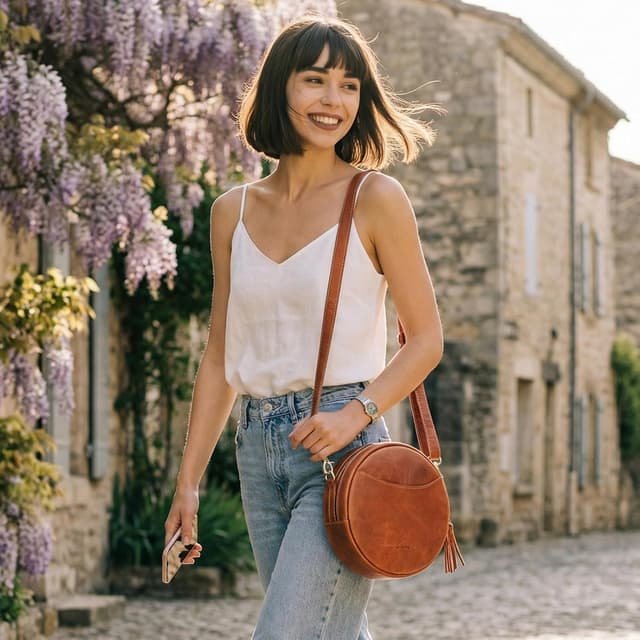 Detalle de S-ZONE leather circle crossbody bag for women with adjustable strap and multiple pockets