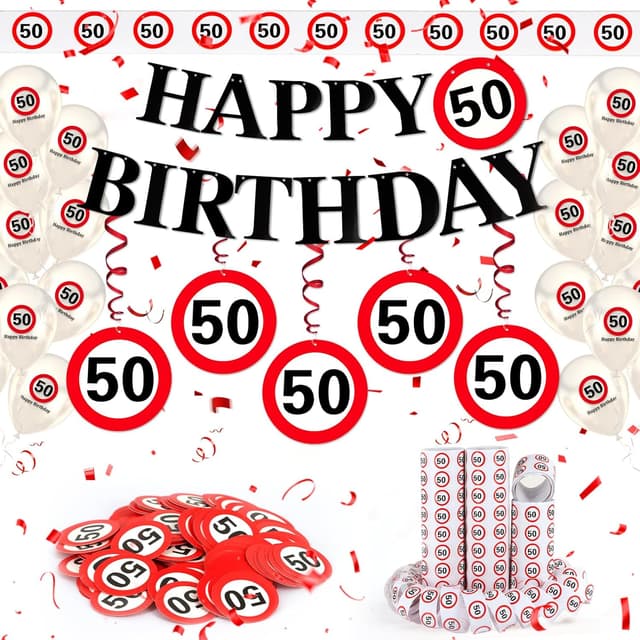 Detalle de WenmthG Deko zum 50. Geburtstag mit Verkehrsschild-Design (Girlande, Luftballons, Luftschlangen, Konfetti)